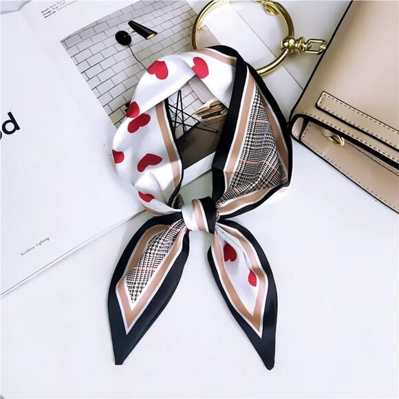 2/$30 Silk Satin Scarf Red Hearts & Geometric Print Neck, Hair, Bag Accessory - Picture 1 of 3